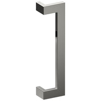 Stainless steel LINEA OFFSET entrance pull handle by Style Finish Doorware, 38mm x 25mm, mounted on door.