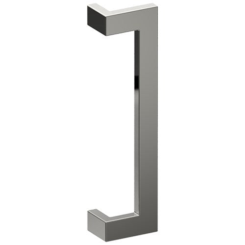 Stainless steel LINEA OFFSET entrance pull handle by Style Finish Doorware, 38mm x 25mm, mounted on door.