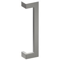 Stainless steel LINEA OFFSET entrance pull handle by Style Finish Doorware, 38mm x 25mm, mounted on a door.
