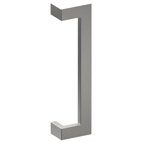 Stainless steel LINEA OFFSET entrance pull handle by Style Finish Doorware, 38mm x 25mm, mounted on a door.