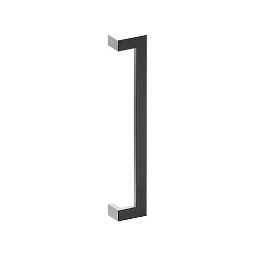 Stainless steel LINEA OFFSET entrance pull handle by Style Finish Doorware, 38mm x 25mm, mounted on door.