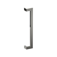 Stainless steel LINEA OFFSET entrance pull handle by Style Finish Doorware, 38mm x 25mm, mounted on door.