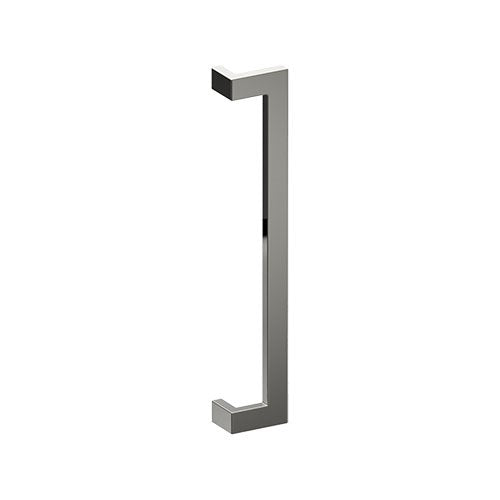 Stainless steel LINEA OFFSET entrance pull handle by Style Finish Doorware, 38mm x 25mm, mounted on door.
