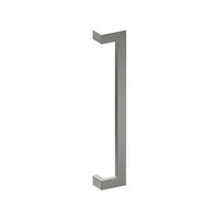 Stainless steel LINEA OFFSET entrance door pull handle by Style Finish Doorware, 38mm x 25mm, mounted on door.
