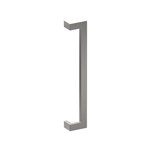 Stainless steel LINEA OFFSET entrance door pull handle by Style Finish Doorware, 38mm x 25mm, mounted on door.