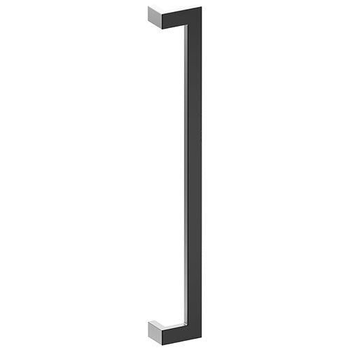 Stainless steel LINEA OFFSET entrance pull handle by Style Finish Doorware, 38mm x 25mm, mounted on door.