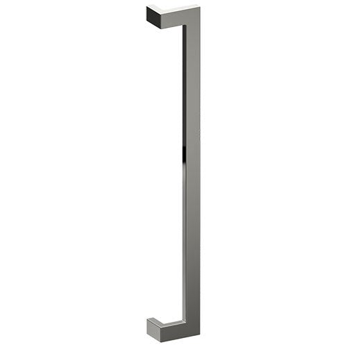 Stainless steel LINEA OFFSET entrance pull handle by Style Finish Doorware, 38mm x 25mm, mounted on a door.