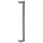 Stainless steel LINEA OFFSET entrance pull handle by Style Finish Doorware, 38mm x 25mm, mounted on door.