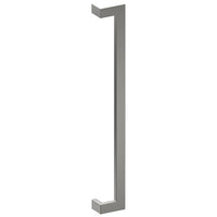 Stainless steel LINEA OFFSET entrance pull handle by Style Finish Doorware, 38mm x 25mm, mounted on door.