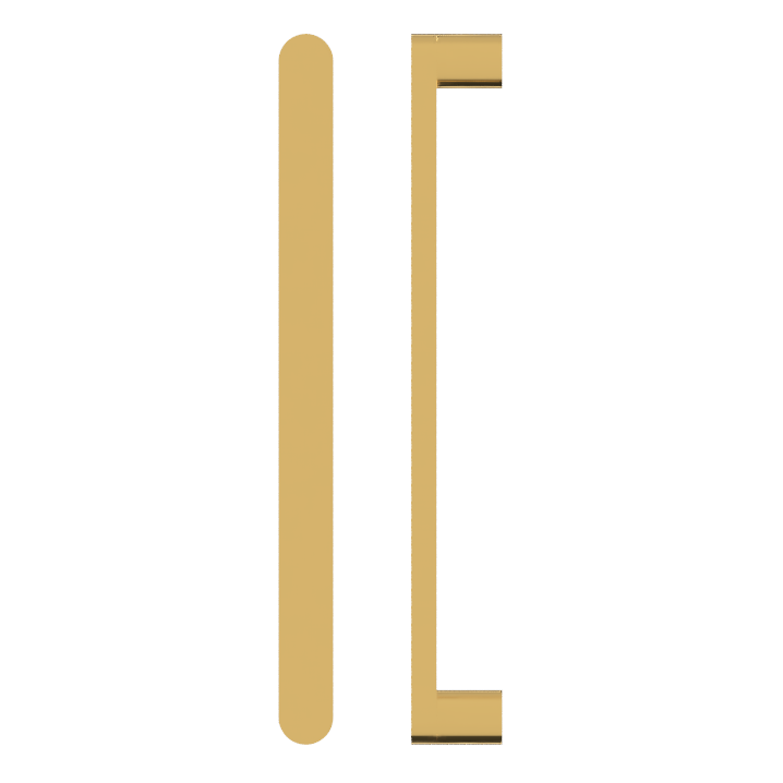 Style Finish Doorware M05 entrance pull handles, 25mm diameter, metallic finish, installed on a door for easy gripping and opening.