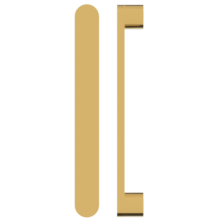 Stylish M05 Entrance Pull Handles by Style Finish Doorware, 40mm diameter, polished brass finish on a door handle.