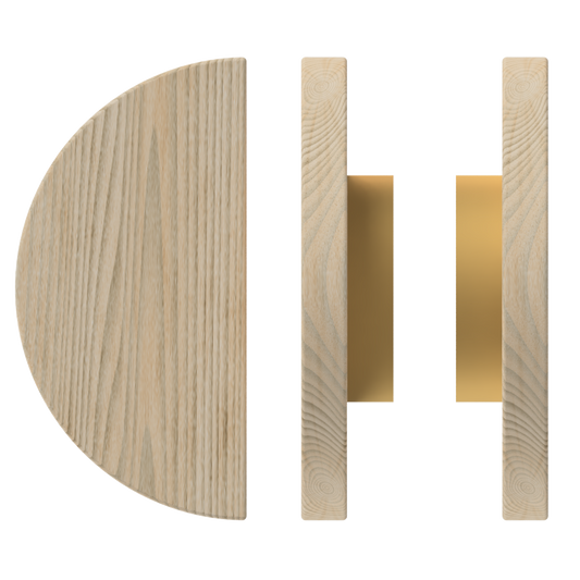 Pair T01 Timber Entrance Pull Handle, Tasmanian Oak, Back to Back Fixing, Ø300mm x Projection 68mm, Coated in Hard Wax (accentuates rich colours) in Tasmanian Oak / Satin Anodised Brass