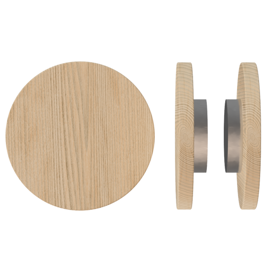 Pair T01 Timber Entrance Pull Handle, Victorian Ash, Back to Back Fixing, Ø300mm x Projection 68mm, in Raw Timber (ready to stain or paint) in Victorian Ash / Satin Anodised Nickel