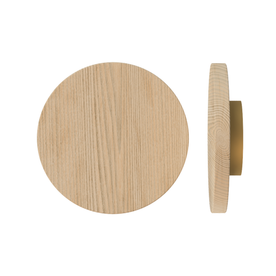 Single T01 Timber Entrance Pull Handle, Tasmanian Oak, Ø300mm x Projection 68mm, in Raw Timber (ready to stain or paint) in Tasmanian Oak / Satin Anodised Brass