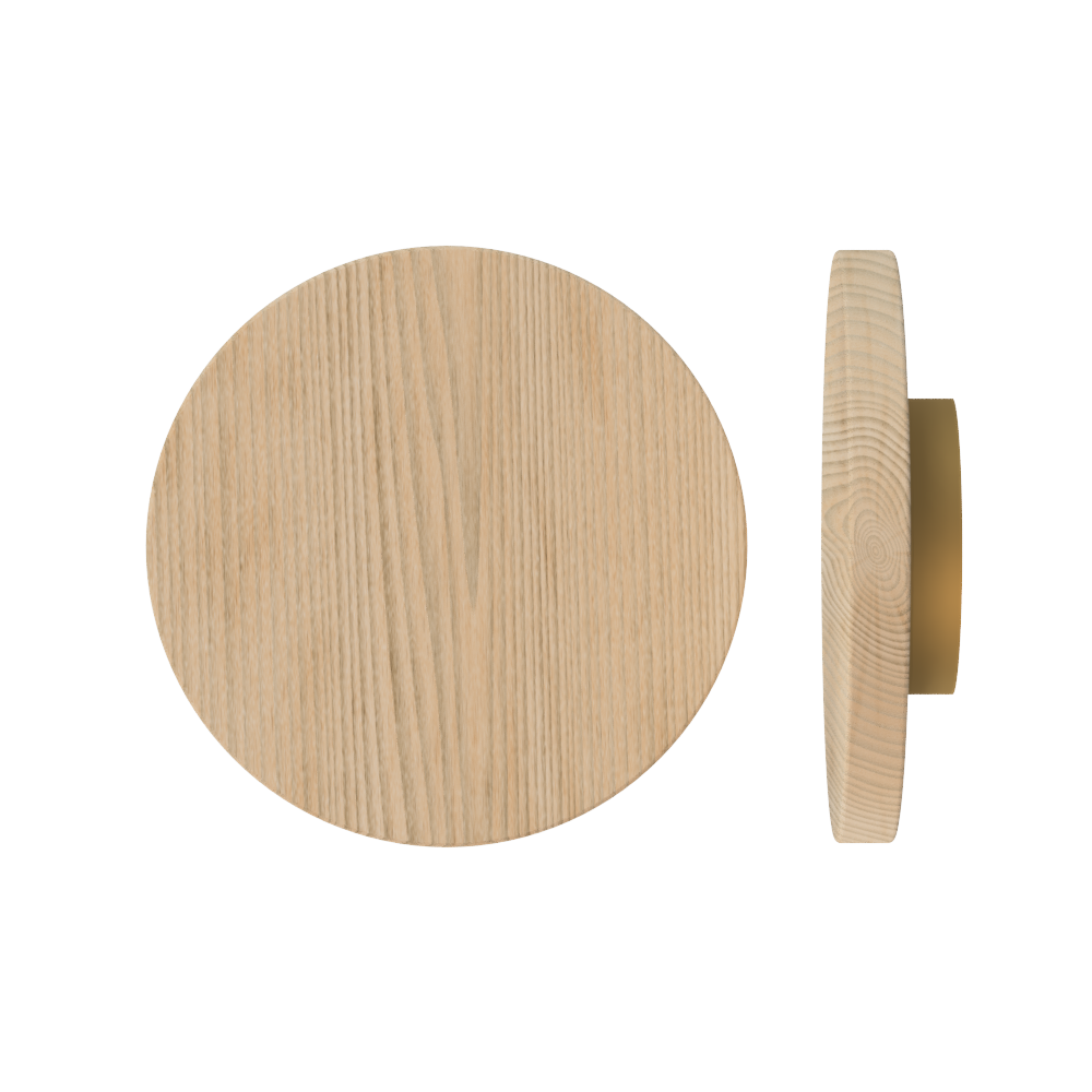 Single T01 Timber Entrance Pull Handle, Tasmanian Oak, Ø300mm x Projection 68mm, Coated in Hard Wax (accentuates rich colours) in Tasmanian Oak / Satin Anodised Brass