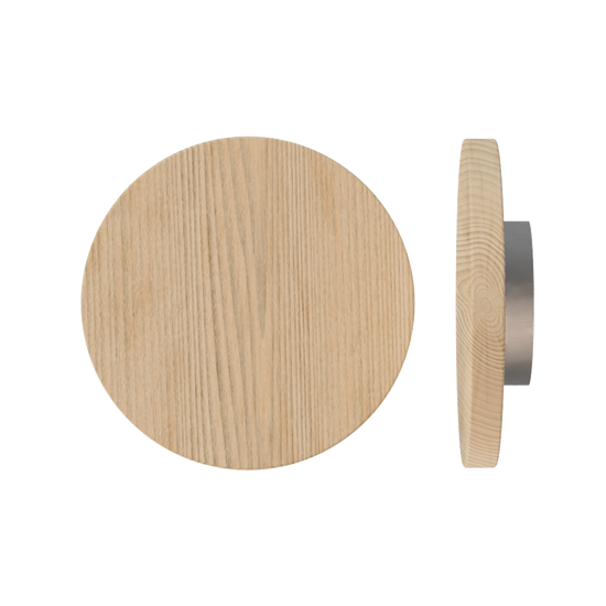 Single T01 Timber Entrance Pull Handle, Tasmanian Oak, Ø300mm x Projection 68mm, in Raw Timber (ready to stain or paint) in Tasmanian Oak / Satin Anodised Nickel