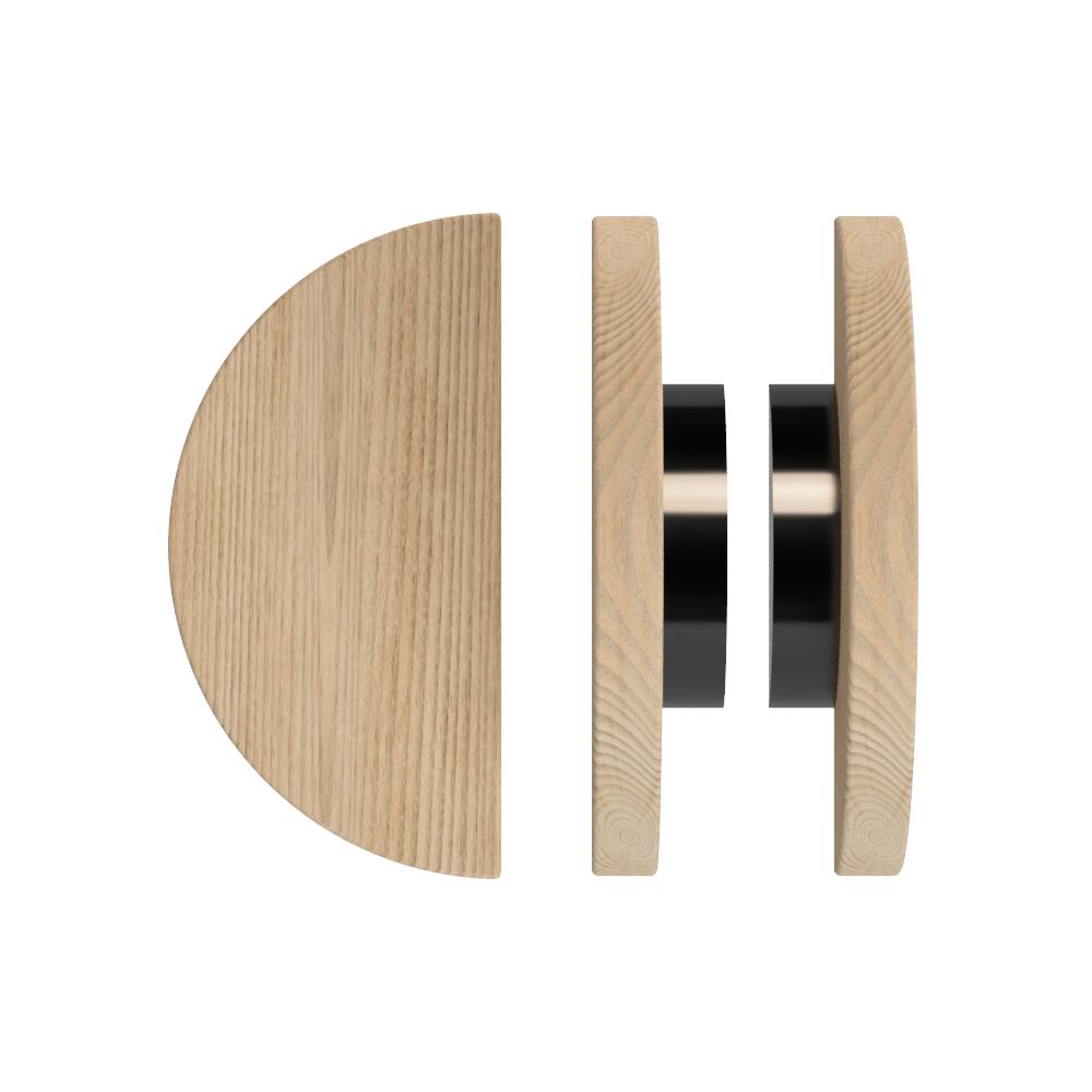 Pair of T02 Timber Pull Handles in Tasmanian Oak by Style Finish Doorware, showing the natural wood grain and sleek design.