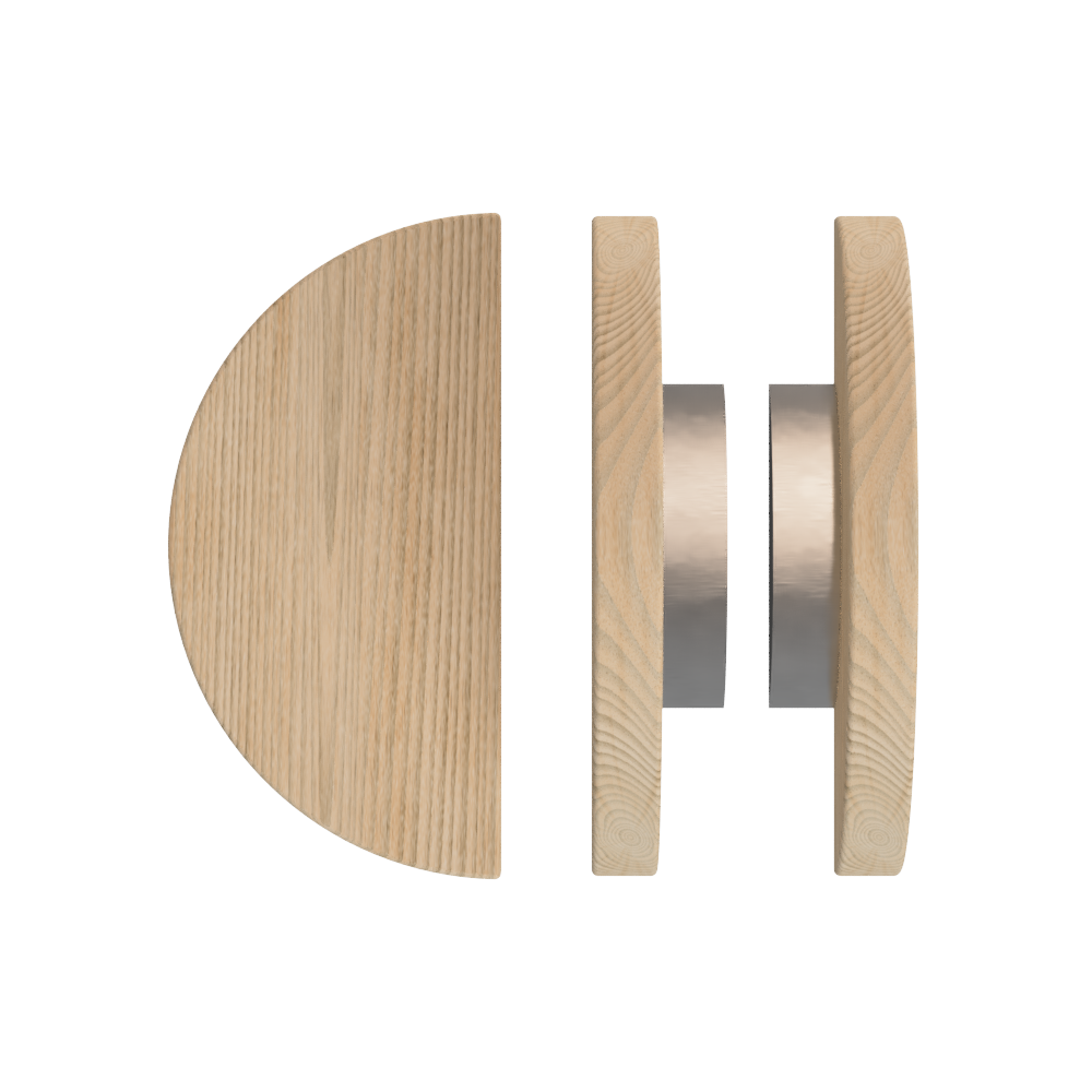 Pair of T02 Timber Pull Handles in Tasmanian Oak by Style Finish Doorware, showing smooth wooden handles on a door.