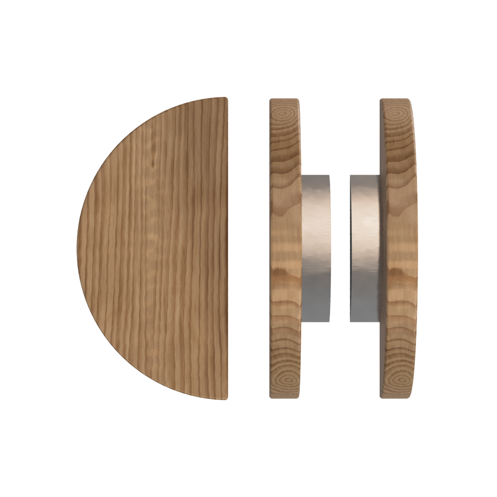 Pair of T02 Timber pull handles in American Walnut with satin nickel finish by Style Finish Doorware, showcasing smooth wooden design.