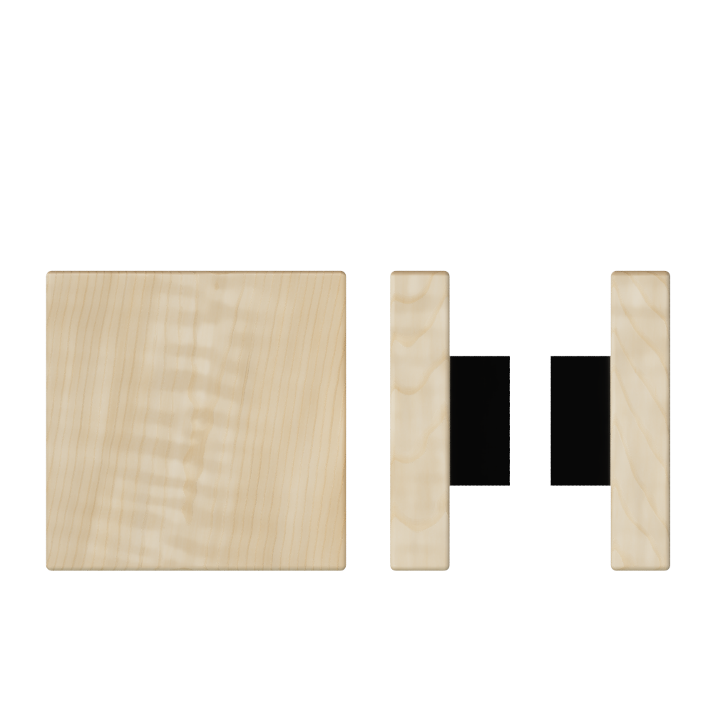 Pair of Style Finish Doorware T03 Timber Pull Handles in American Oak, 150mm x 150mm, with black accents.