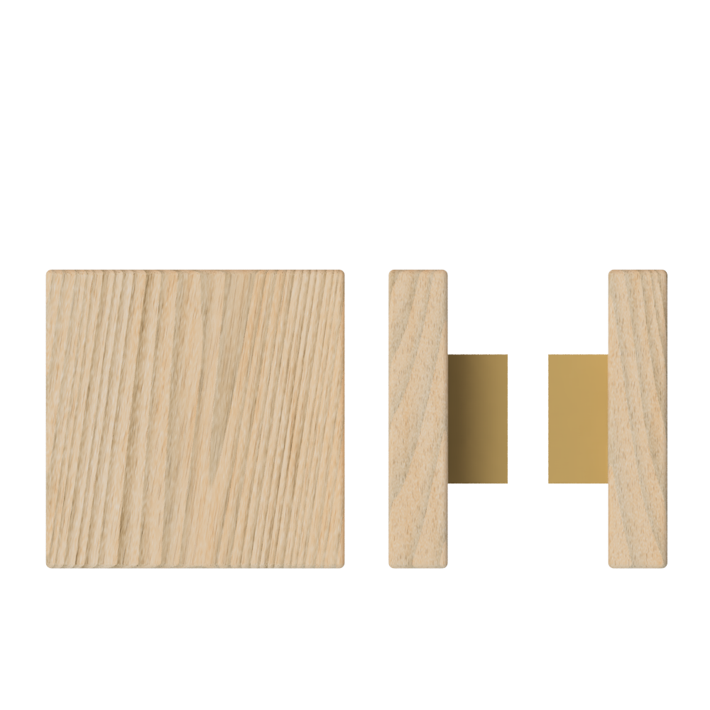 Pair of T03 Timber Pull Handles in Tasmanian Oak, 150mm x 150mm, by Style Finish Doorware, shown mounted on a door.