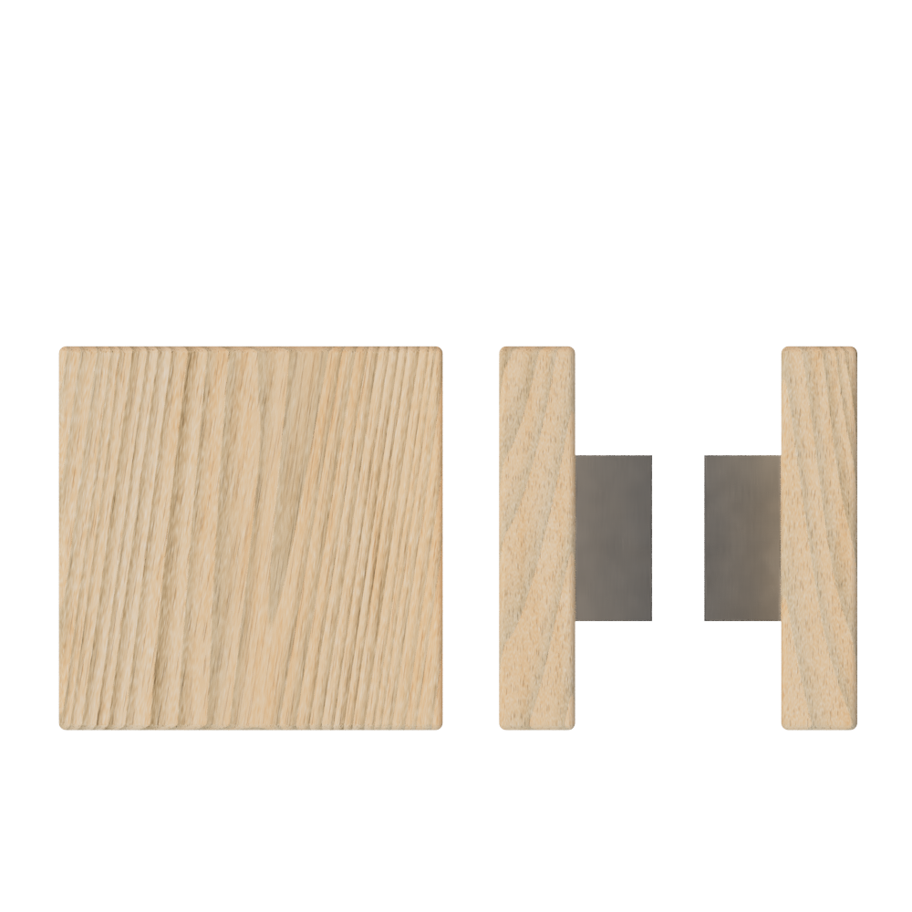 Pair of T03 Timber pull handles in Tasmanian Oak, 150mm x 150mm, from Style Finish Doorware, shown in natural wood finish.