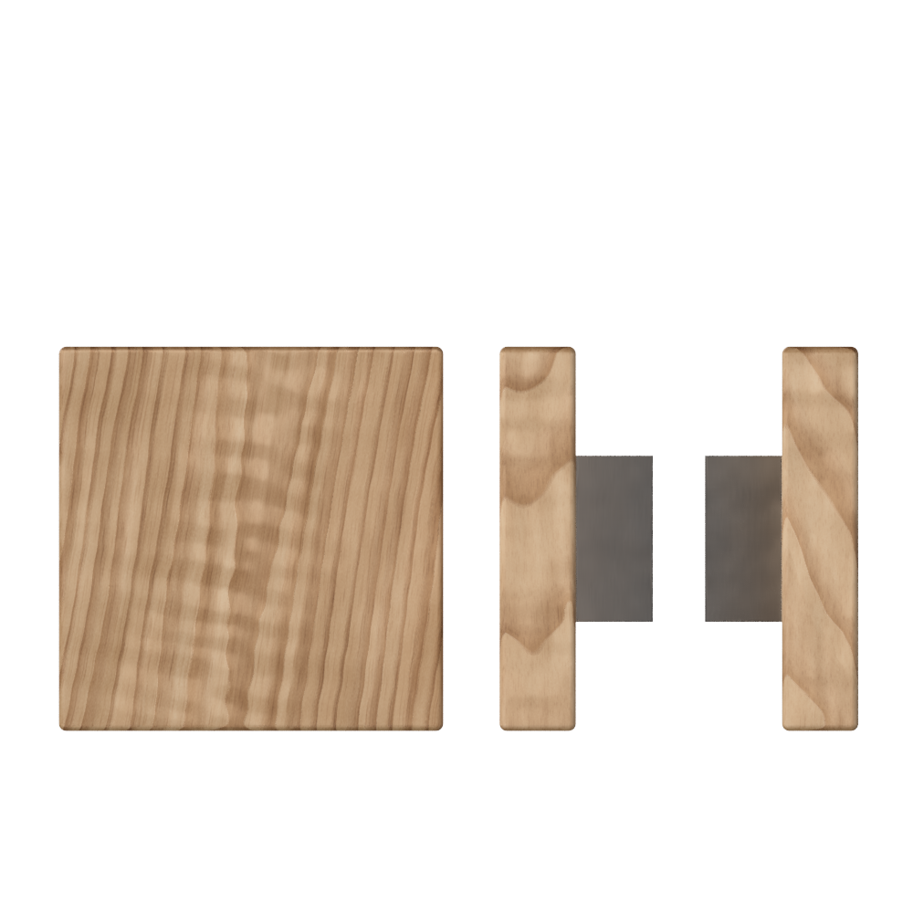 Pair of T03 Timber pull handles in American Walnut by Style Finish Doorware, 150mm x 150mm, with sleek modern design.
