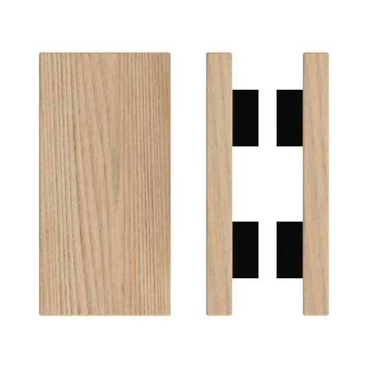 Pair T04 Timber Entrance Pull Handle, Tasmanian Oak, Back to Back Pair, 300mm x 150mm x Projection 68mm, Coated in Hard Wax (accentuates rich colours) in Tasmanian Oak / Satin Anodised Gun Metal