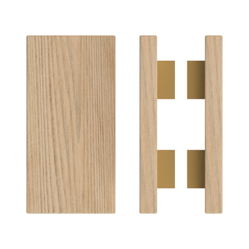 Pair T04 Timber Entrance Pull Handle, Tasmanian Oak, Back to Back Pair, 300mm x 150mm x Projection 68mm, Coated in Hard Wax (accentuates rich colours) in Tasmanian Oak / Satin Anodised Brass