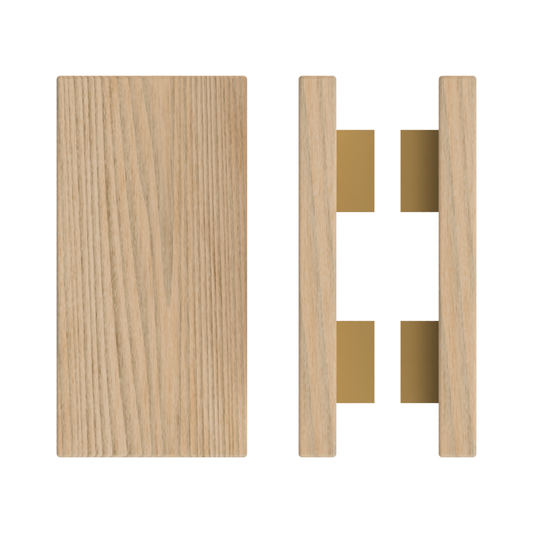 Pair T04 Timber Entrance Pull Handle, Tasmanian Oak, Back to Back Pair, 300mm x 150mm x Projection 68mm, Coated in Hard Wax (accentuates rich colours) in Tasmanian Oak / Satin Anodised Brass