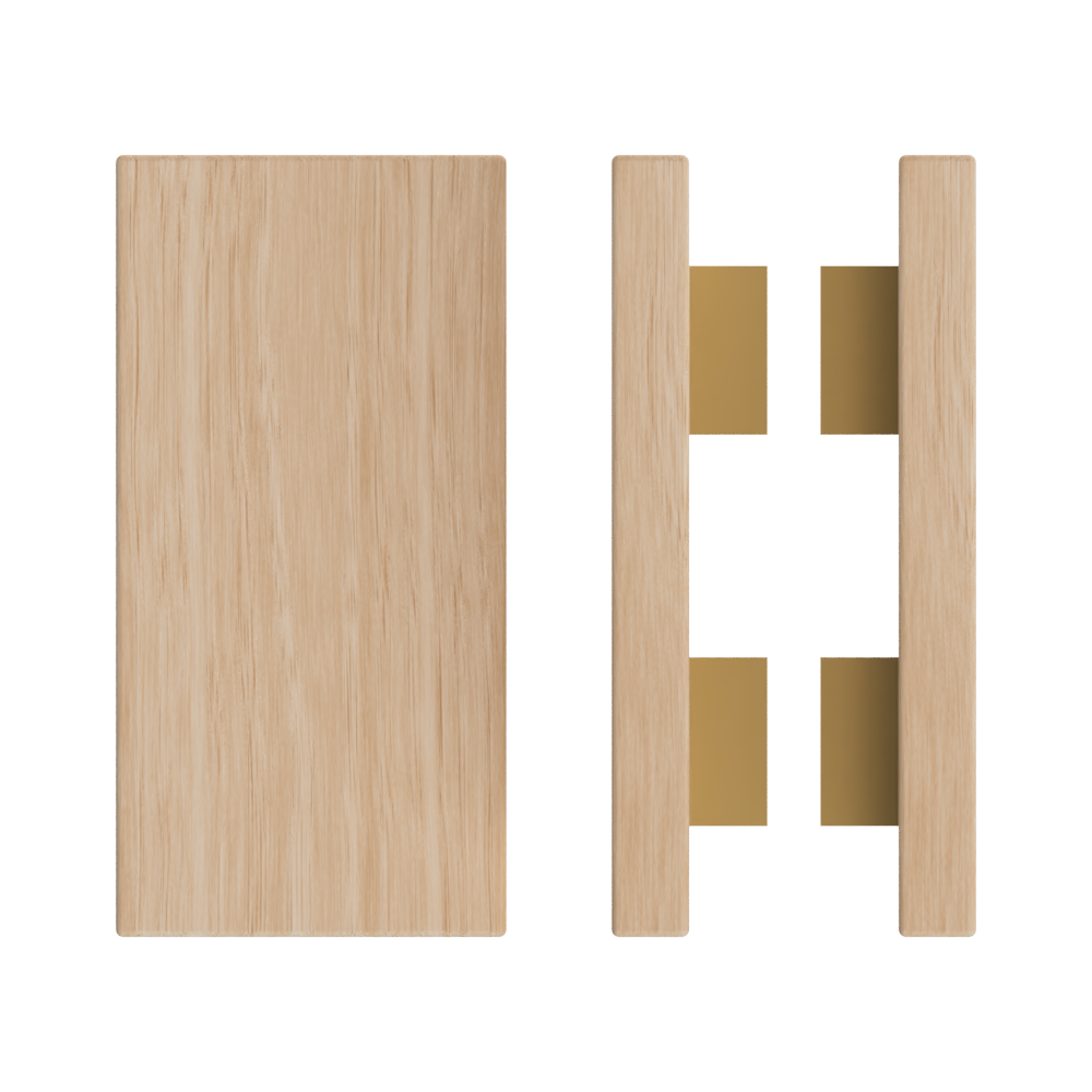 Pair of T04 Timber Victorian Ash pull handles, 300mm length, 150mm width, by Style Finish Doorware, shown mounted on doors.