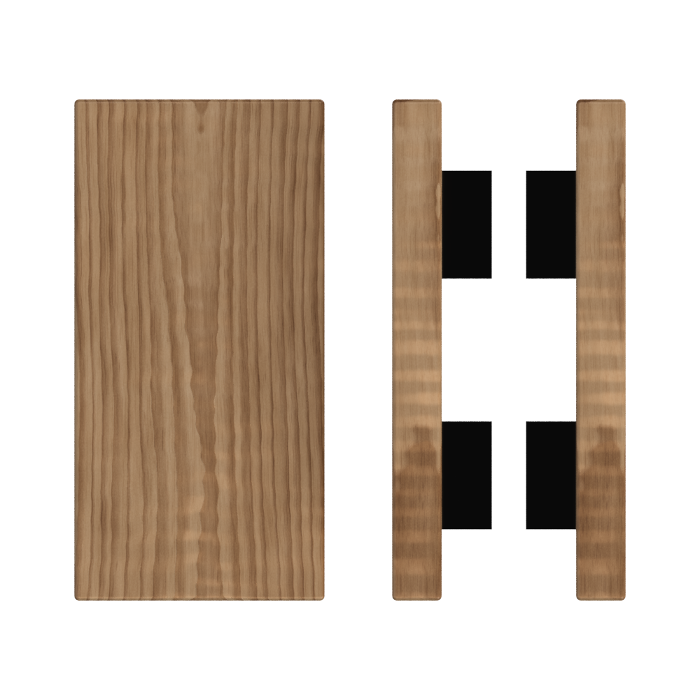 Pair of Style Finish Doorware T04 Timber Pull Handles in American Walnut, 300mm length and 150mm width, on a black background.