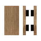 Pair of Style Finish Doorware T04 Timber Pull Handles in American Walnut, 300mm length and 150mm width, on a black background.
