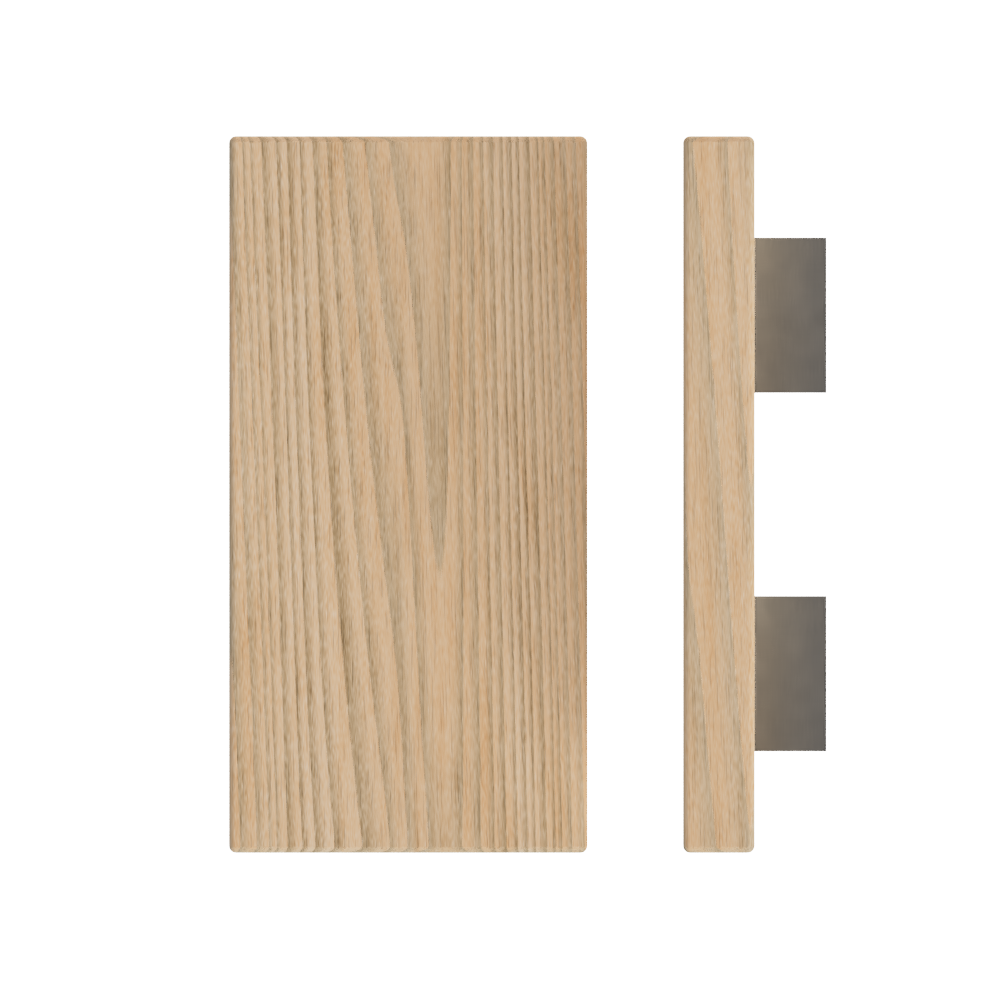 Timber pull handle in Tasmanian Oak, 300mm length and 150mm width, by Style Finish Doorware, shown on a door.