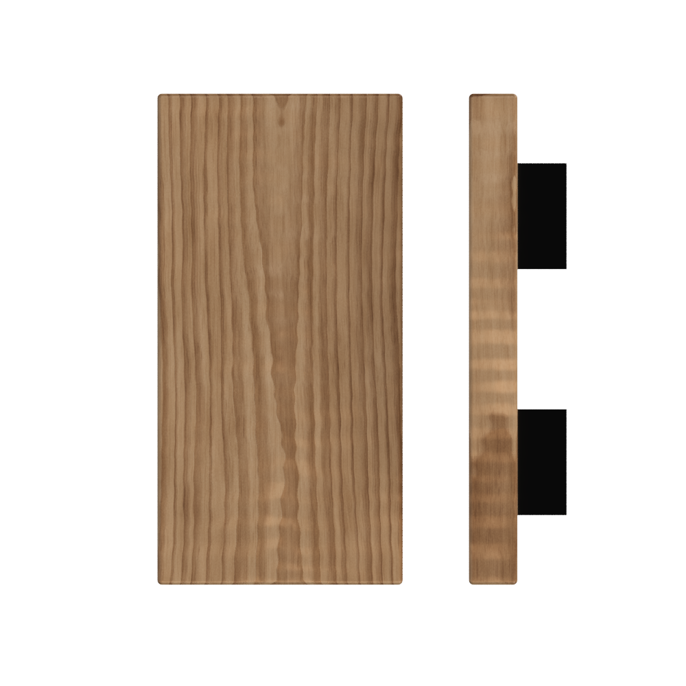 Timber pull handle in American Walnut, 300mm length, 150mm width, by Style Finish Doorware, mounted on a door.