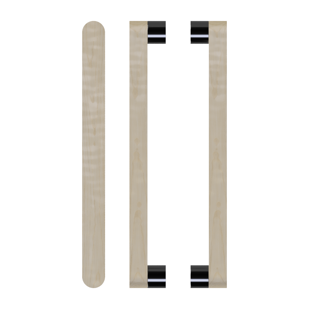 Pair of Style Finish Doorware T05 Timber Pull Handles in American Oak with black accents, designed for wooden doors.