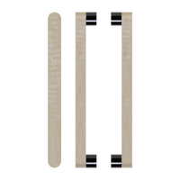 Pair of Style Finish Doorware T05 Timber Pull Handles in American Oak with black accents, designed for wooden doors.