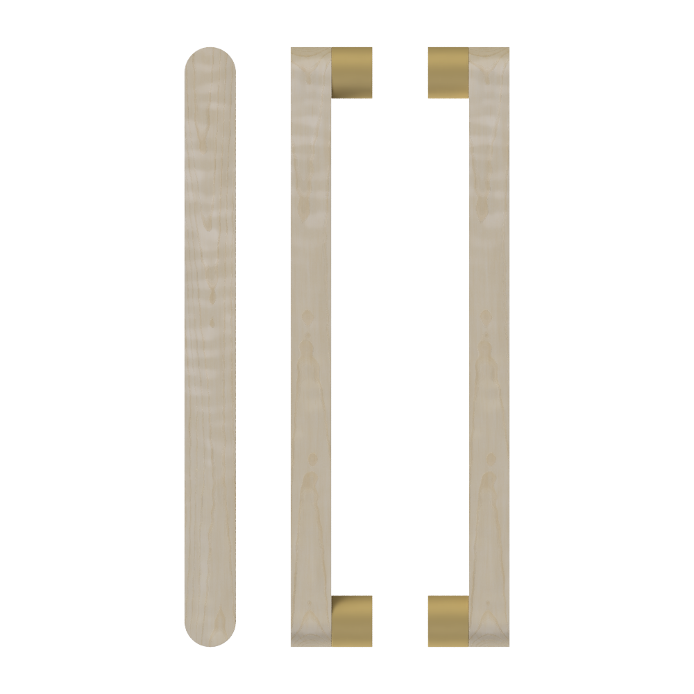 Pair of T05 Timber pull handles in American Oak finish by Style Finish Doorware, showing sleek wooden design for doors.