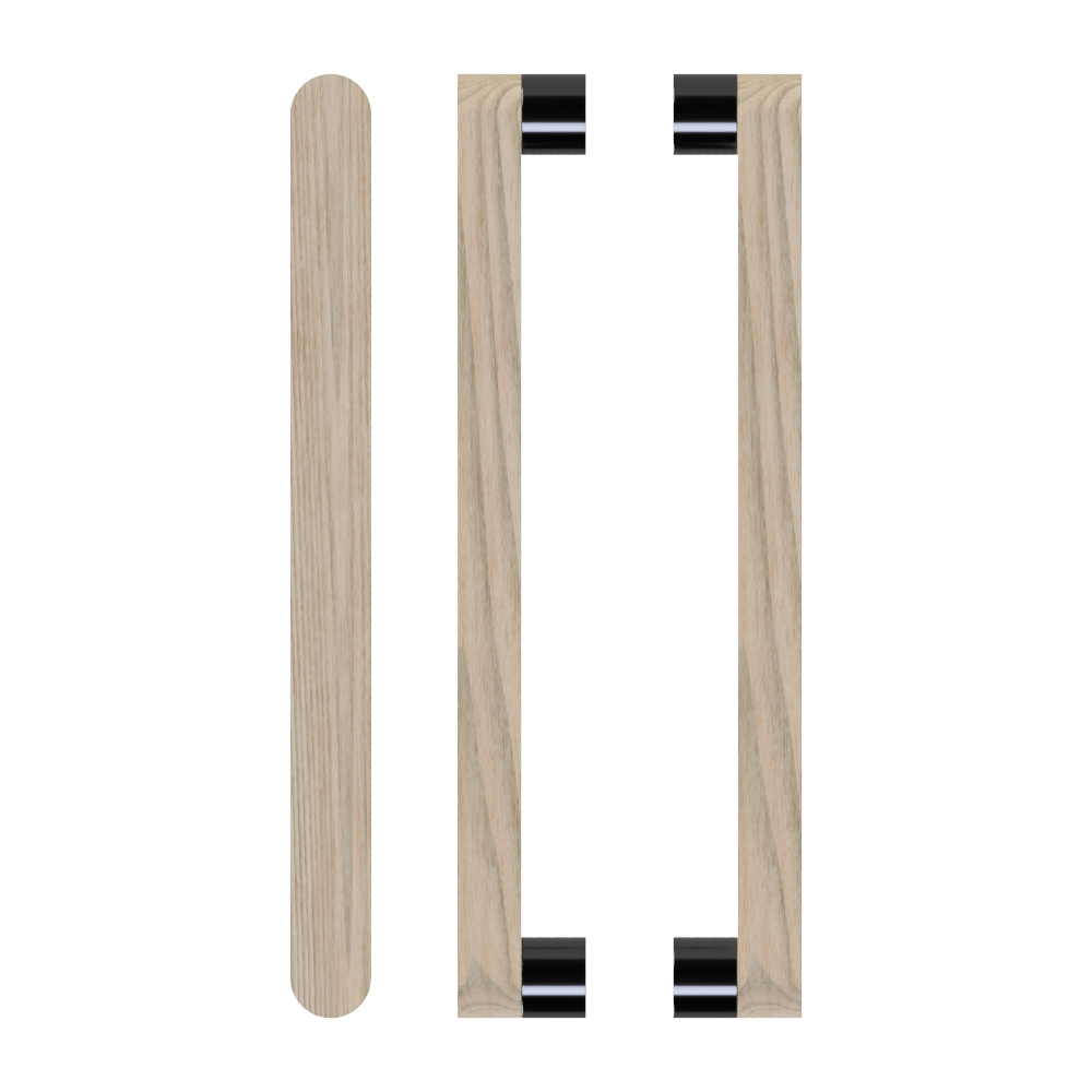Pair of T05 Timber Pull Handles in Tasmanian Oak by Style Finish Doorware, showing smooth wooden grips and mounting hardware.