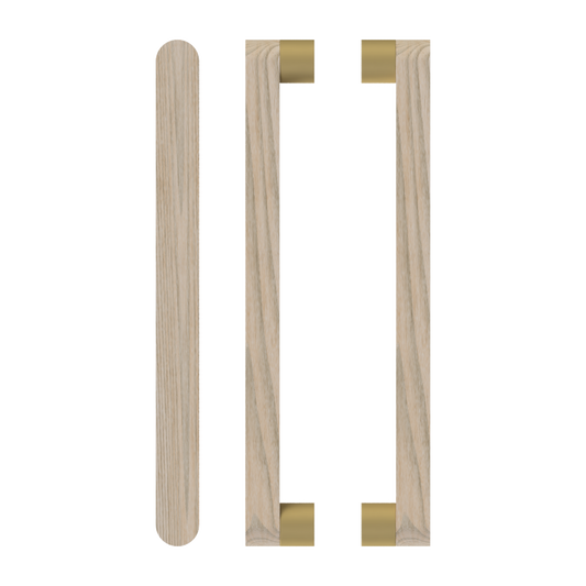 Pair T05 Timber Entrance Pull Handle, Tasmanian Oak, Back to Back Pair, CTC800mm, H832mm x W32mm x D19mm x Projection 57mm, Coated in Hard Wax (accentuates rich colours) in Tasmanian Oak / Satin Anodised Brass