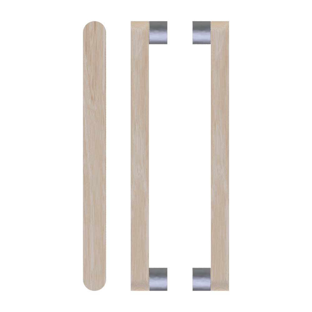 Pair of T05 Timber Pull Handles in Victorian Ash by Style Finish Doorware, showcasing smooth, curved wooden handles on a door.