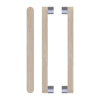 Pair of T05 Timber Pull Handles in Victorian Ash by Style Finish Doorware, showcasing smooth, curved wooden handles on a door.