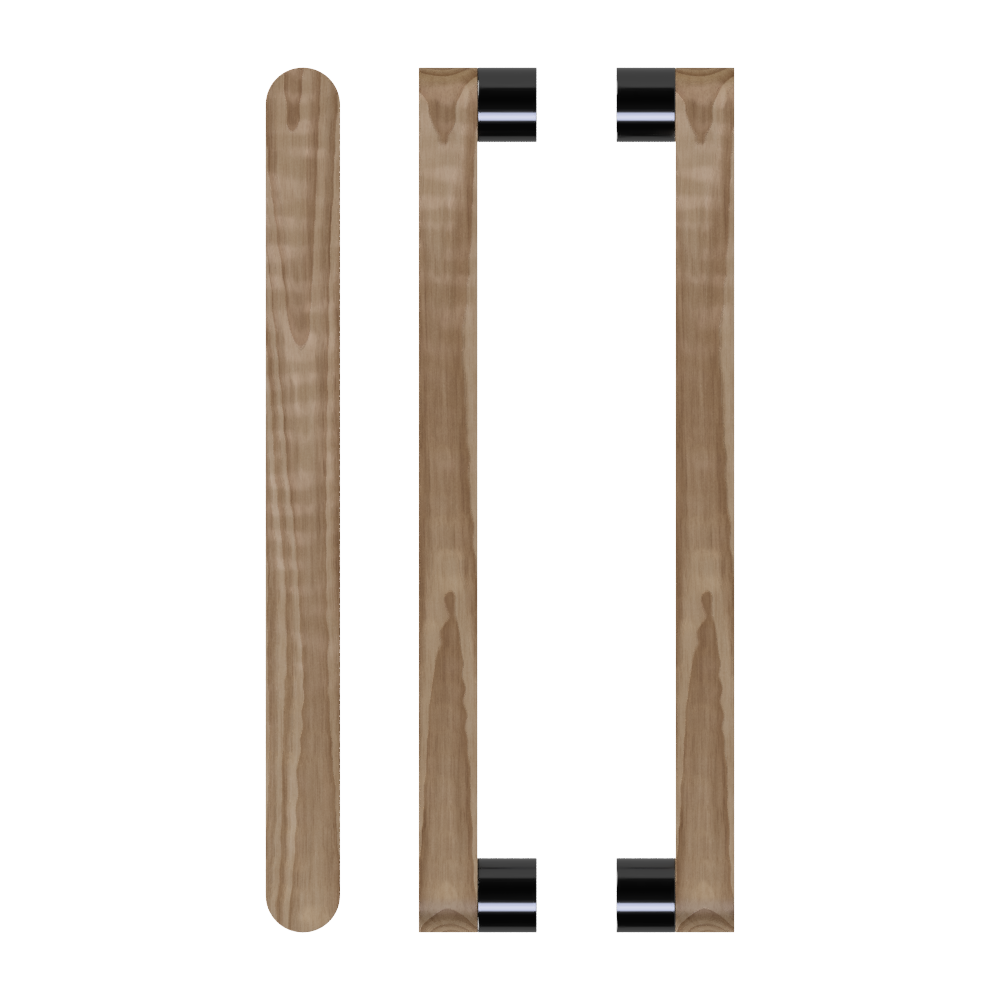 Pair T05 Timber Entrance Pull Handle, American Walnut, Back to Back Pair, CTC800mm, H832mm x W32mm x D19mm x Projection 57mm, Coated in Hard Wax (accentuates rich colours) in Black Walnut / Satin Anodised Gun Metal