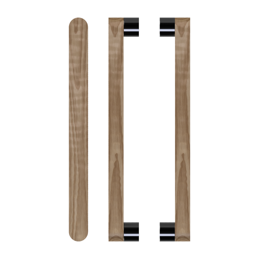 Pair T05 Timber Entrance Pull Handle, American Walnut, Back to Back Pair, CTC800mm, H832mm x W32mm x D19mm x Projection 57mm, Coated in Hard Wax (accentuates rich colours) in Black Walnut / Satin Anodised Gun Metal