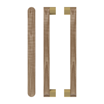 Pair T05 Timber Entrance Pull Handle, American Walnut, Back to Back Pair, CTC800mm, H832mm x W32mm x D19mm x Projection 57mm, Coated in Hard Wax (accentuates rich colours) in Black Walnut / Satin Anodised Brass