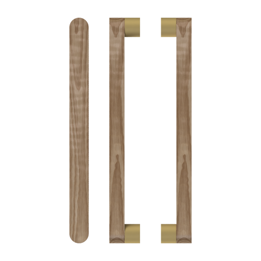 Pair T05 Timber Entrance Pull Handle, American Walnut, Back to Back Pair, CTC800mm, H832mm x W32mm x D19mm x Projection 57mm, Coated in Hard Wax (accentuates rich colours) in Black Walnut / Satin Anodised Brass