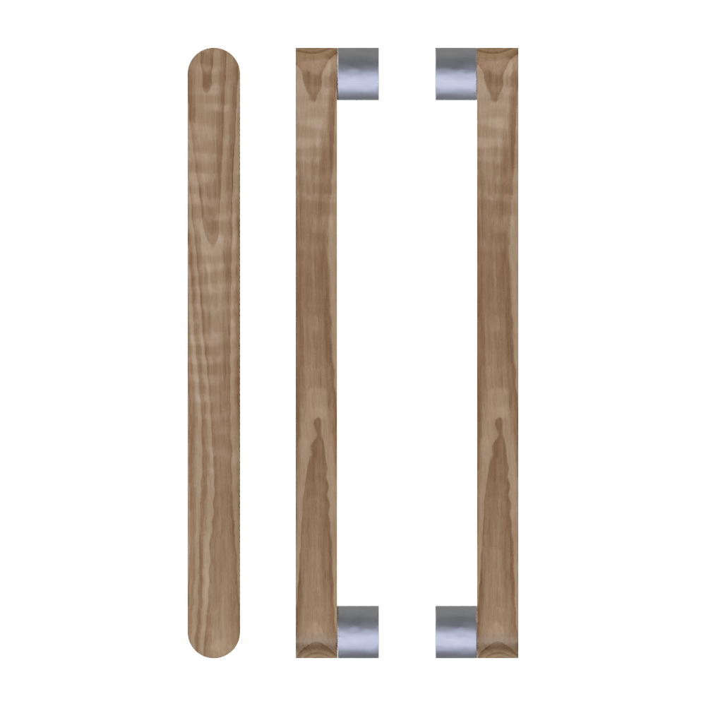 Pair of T05 Timber pull handles in American Walnut with satin nickel finishes by Style Finish Doorware.
