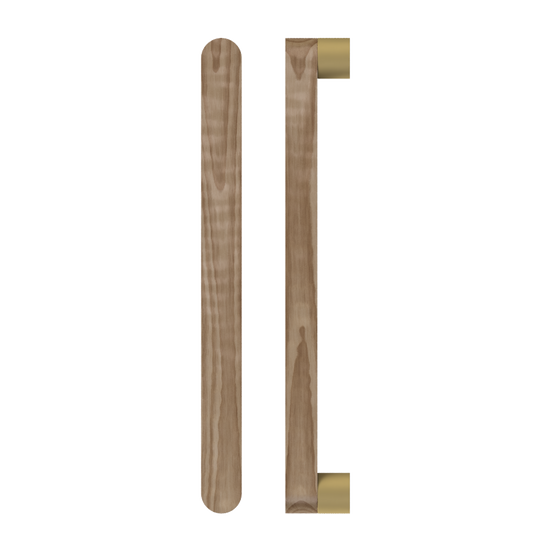 Single T05 Timber Entrance Pull Handle, American Walnut, CTC800mm, H832mm x W32mm x D19mm x Projection 57mm, in Raw Timber (ready to stain or paint) in Black Walnut / Satin Anodised Brass