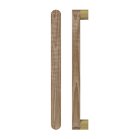 Single T05 Timber pull handle in American Walnut by Style Finish Doorware, showcasing sleek wood grain and modern design.