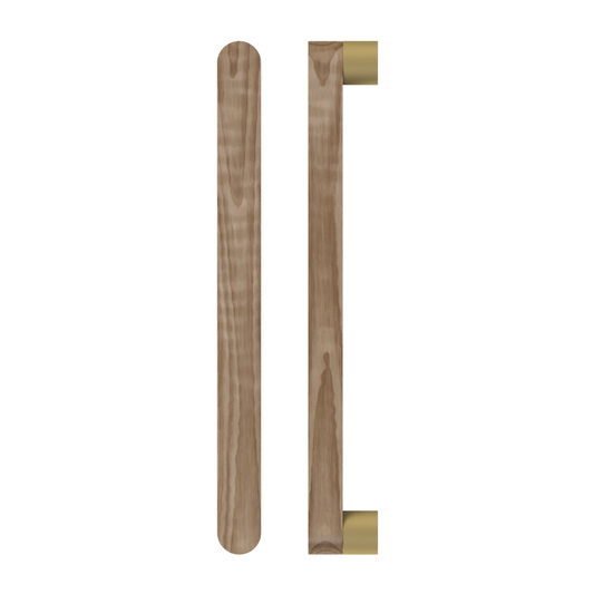 Single T05 Timber Entrance Pull Handle, American Walnut, CTC800mm, H832mm x W32mm x D19mm x Projection 57mm, Coated in Hard Wax (accentuates rich colours) in Black Walnut / Satin Anodised Brass